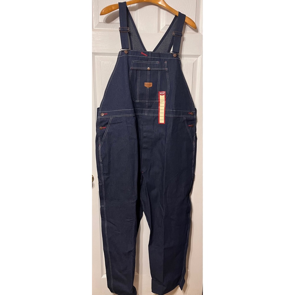 Red Kap Mens Rigid Denim Bib Overalls Dark Indigo Workwear BD10DN 50x30 NEW